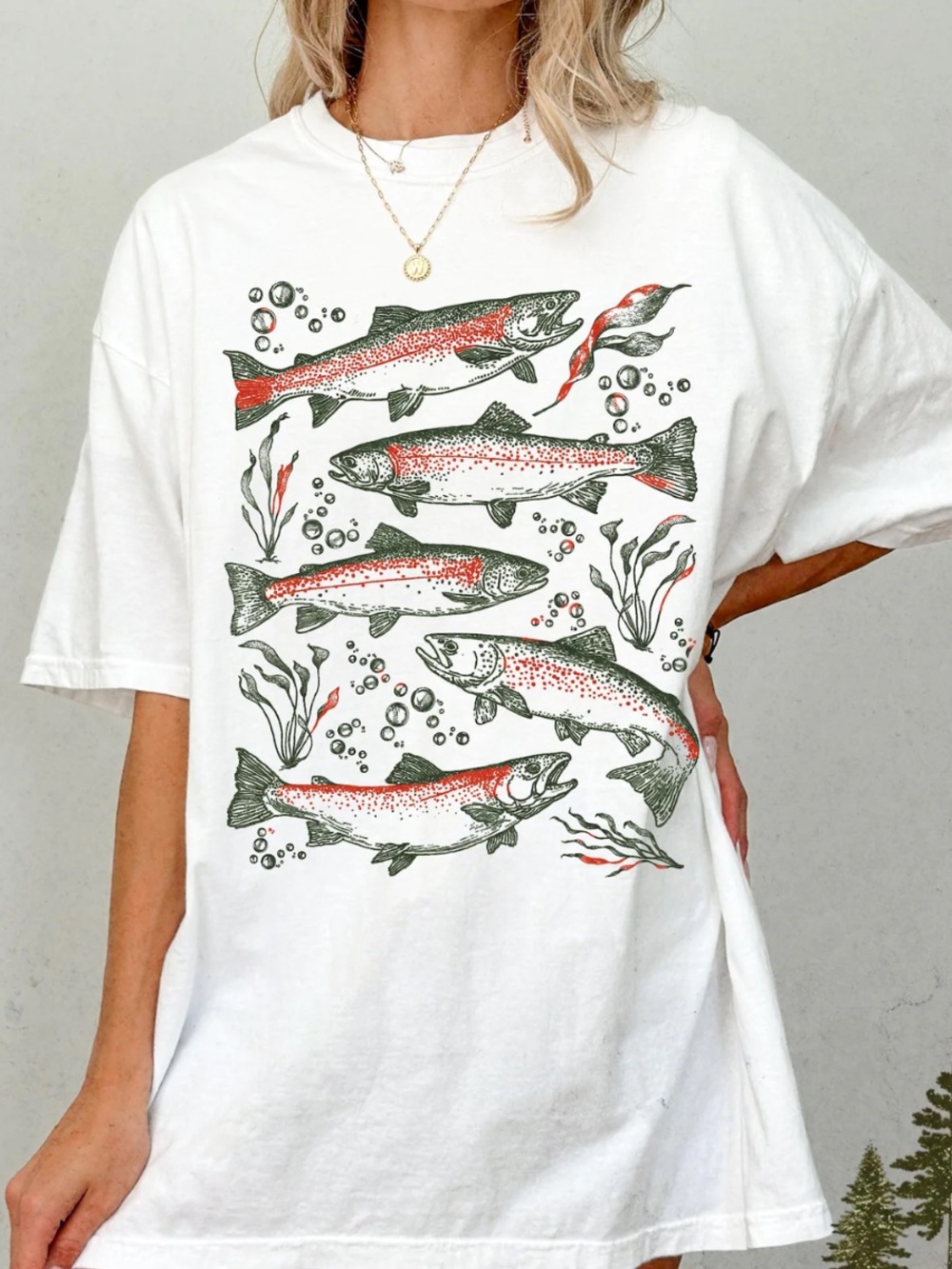 White Short Sleeve Tee with Red & Green Fish Graphic